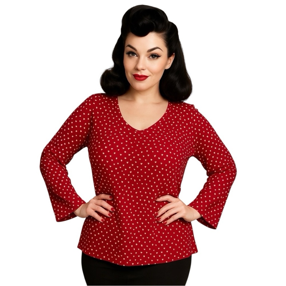 SHEIN Loose fit polkadot lipstick Red Bell Sleeve Blouse top Relaxed Boxy Fit L - Picture 15 of 15